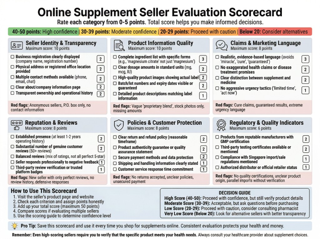 Online Supplement Seller Evaluation Scorecard — a reference tool covering seller identity, product information quality, claims language, reputation, policies, and regulatory indicators, scored out of 50 points