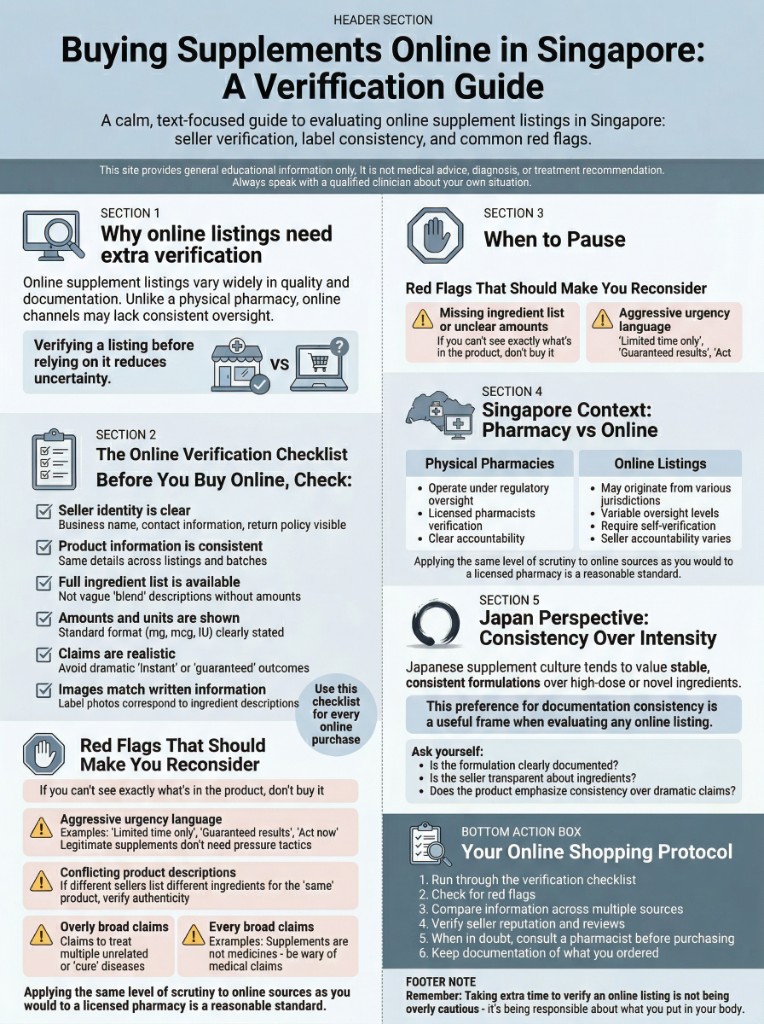 Buying Supplements Online in Singapore: A Verification Guide — infographic covering seller checks, red flags, pharmacy vs online comparison, and Japan perspective